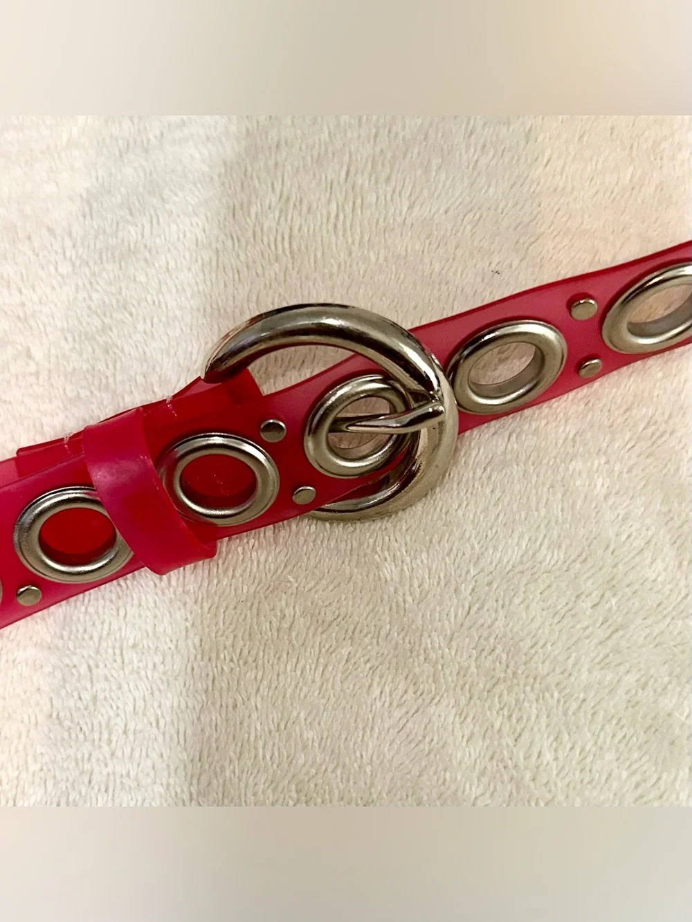 Y2K Hot Pink Jelly Grommet Belt Silver Tone Eyelets Retro 2000s Accessory 38”